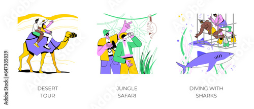 Adventure tour isolated cartoon vector illustrations set. Desert trip, couple riding a camel, jungle safari, explore wildlife, diving in a cage to see sharks, travel agency service vector cartoon.