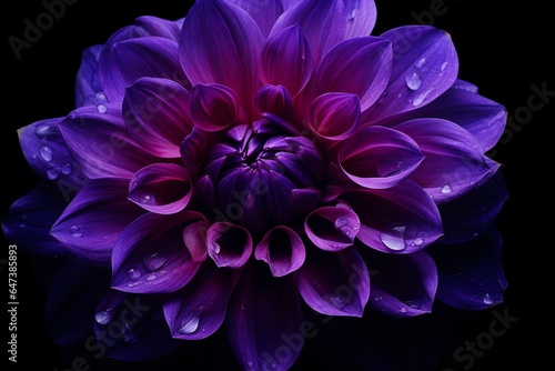 Close-up view of a large purple flower with black background. Generative AI