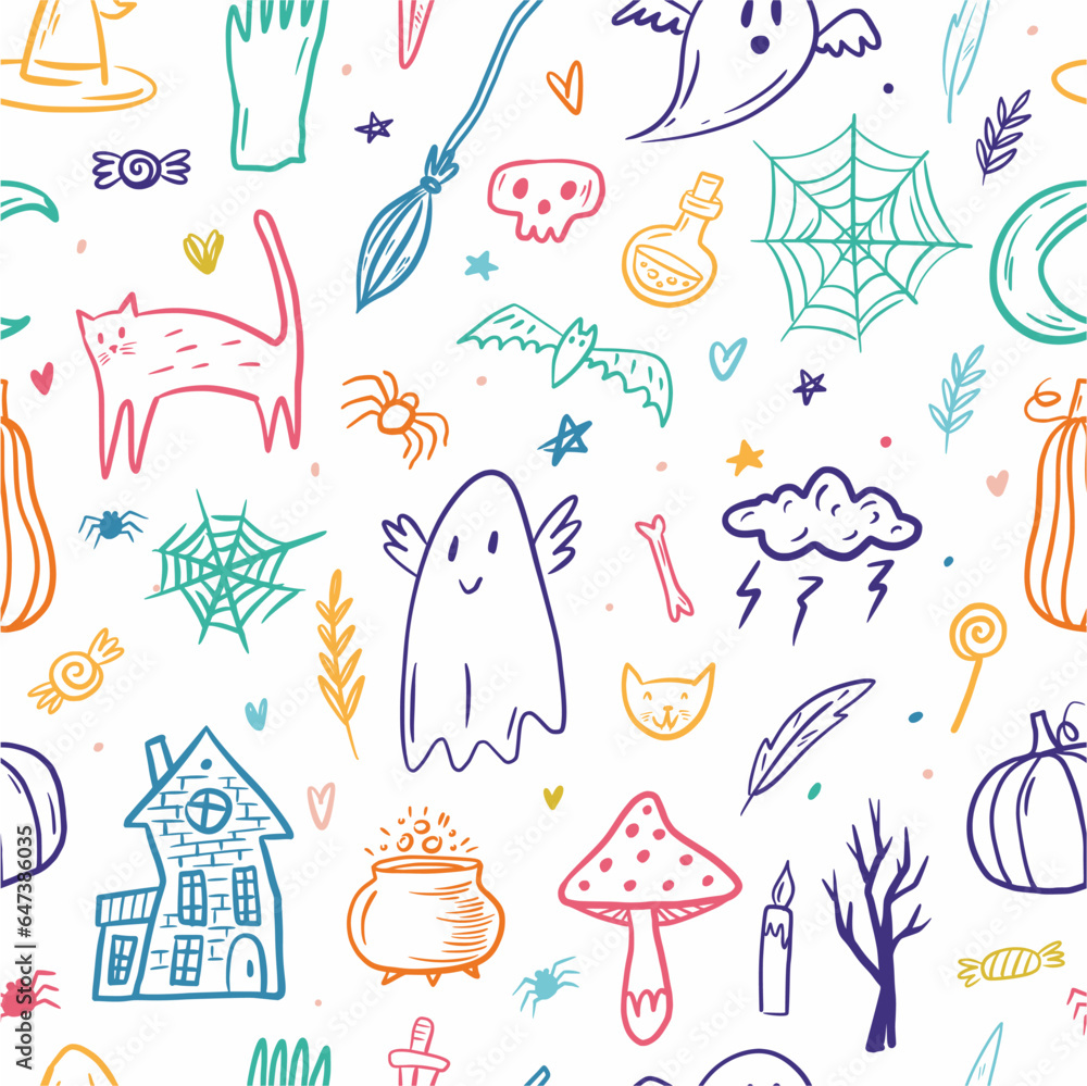 Vector pattern of Halloween symbols, hand-drawn in the style of doodles Vector pattern of Halloween symbols, hand-drawn in the style of doodles