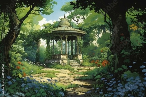 Illustration of tranquil hidden garden with overgrown pavilion, devoid of presence. Generative AI