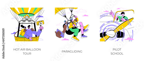 Adventure holiday activities isolated cartoon vector illustrations set. Hot air balloon tour, smiling people paragliding together, man learning to pilot a plane, exclusive tourism vector cartoon.