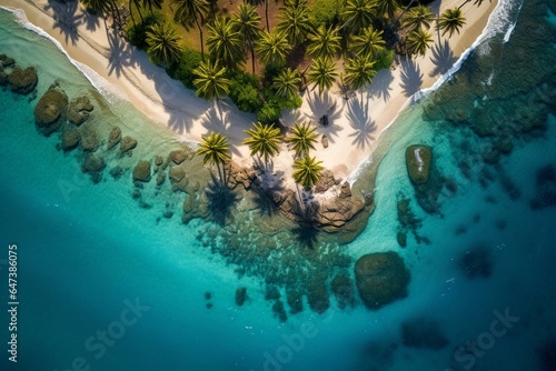 Aerial view of tropical island with palms and turquoise water. Generative AI