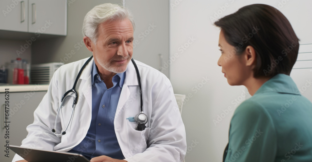Care doctor explaining medical issue to female patient in exam room. Male medical professional with tablet computer talking to woman about his health Care doctor explaining medical issue to female patient in exam room. Male medical professional with tablet computer talking to woman about his health
