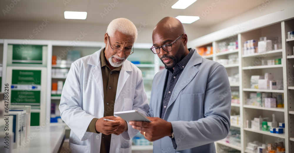 Pharmacist and inspector with tablet computer taking inventory in pharmacy - obrazy, fototapety, plakaty 