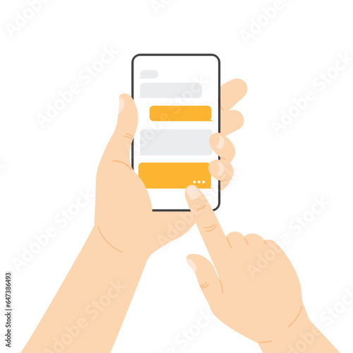 Hand holding phone with chat messages on a screen. Speech bubbles boxes on smartphone display. Sending new messages. Vector illustration in modern flat style.