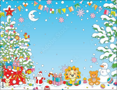 Christmas and New Year background with a decorated fir tree, garlands and a magic bag of winter holiday gifts for little kids surrounded by snowy prickly branches, vector cartoon illustration