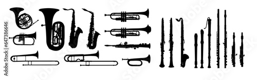 set of instruments silhouette, trumpet, horn, French horn, tuba, saxophone, flute, clarinet, piccolo