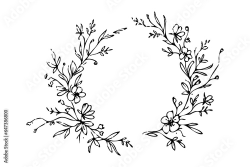 Elegant botanical frame with hand drawn wild herbs