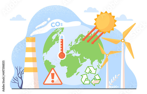 Changing of climate concept. Alternative energy sources and sustainable lifestyle. Windmills for power generation. Global environmental issues and problems. Cartoon flat vector illustration