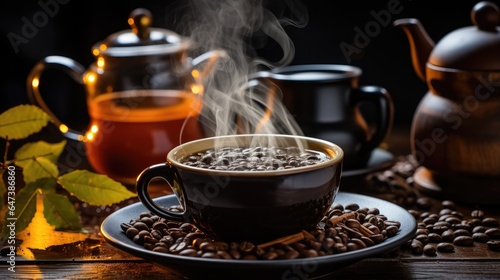 coffee in a small pot on a heater and a white cup, with hot steam on a wooden table background