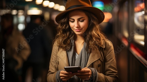 woman using smart phone while waiting at railroad station
