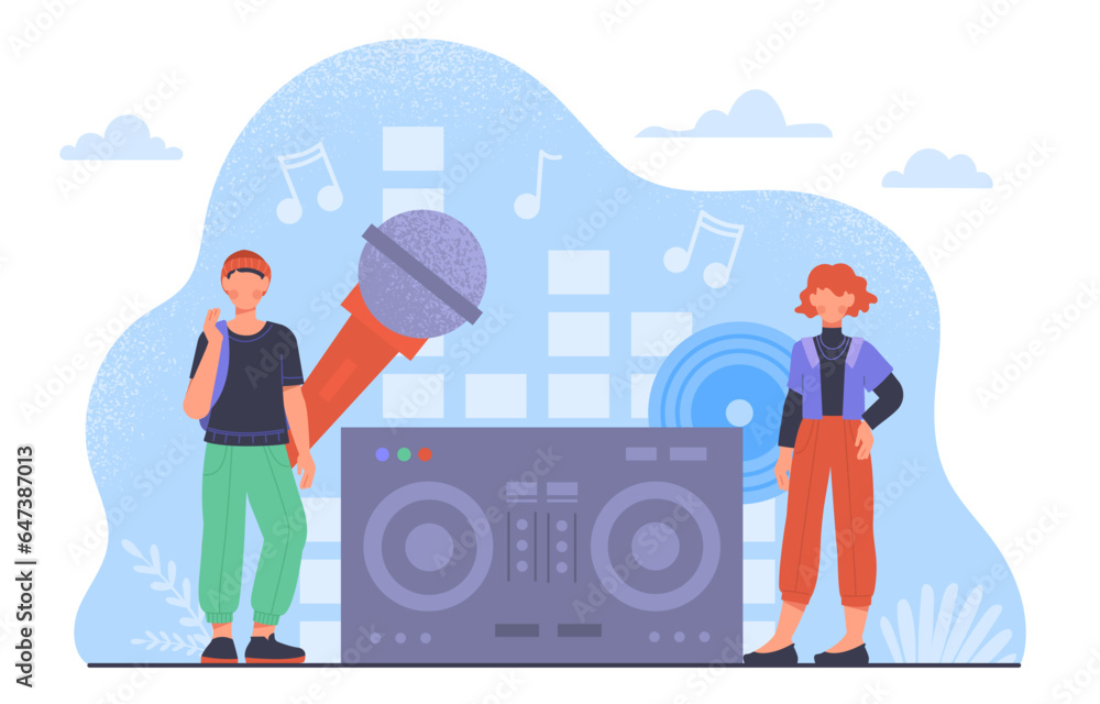 DJ party concept. Man and woman near radio with microphone. Entertainment, fun and leisure. Music and songs mix. Workers at nightclub. Creativity and art. Cartoon flat vector illustration