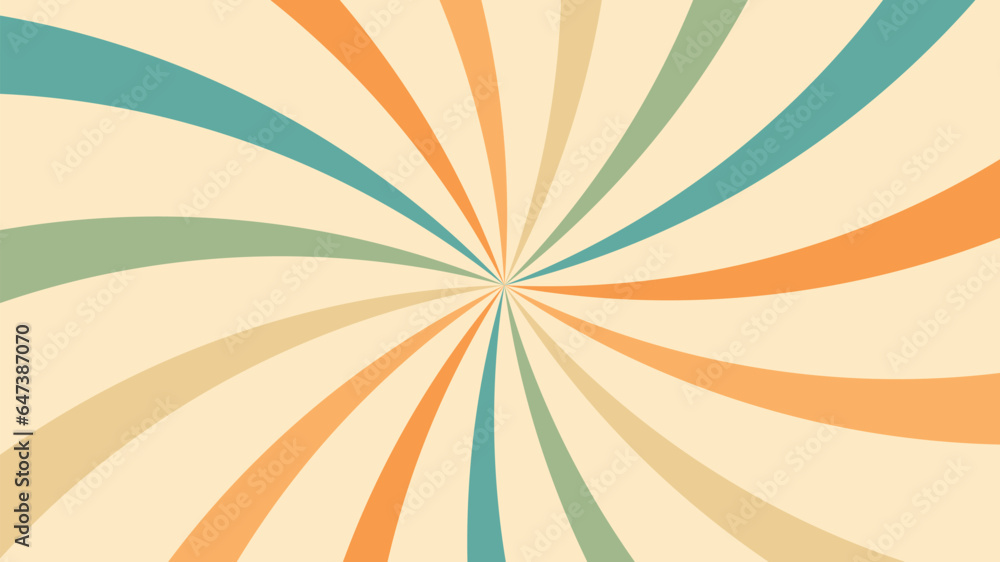 Abstract retro background with curve sunburst rays. Vector illustration,  design in 1970s in hippie retro style