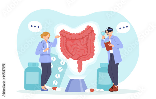 Doctor and gut concept. Man and woman in medical gowns study digestive system. Medicine and healthcare. Anatomy and biology. Diagnosis and treatment. Cartoon flat vector illustration