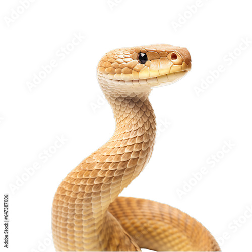A close-up of a snake against a white background