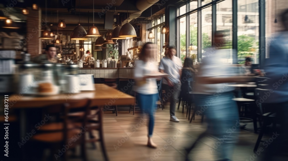 Blurred customers walking fast movement in coffee shop or cafe restaurant