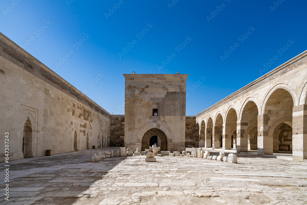 Courtyard of Sultanhani Caravanserai, an ancient fortified inn on the caravan route, Aksaray, Turkey. .