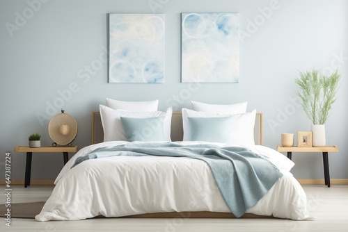 Modern bedroom with white bed linen on sofa, bed with white bedding and bedside table. White pillows, duvet and duvet case on bed with blue headboard. Front view. Generative AI