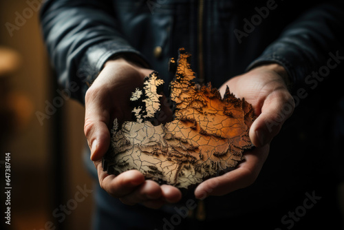 A person's hand holding a map with regions vulnerable to climate change impacts highlighted. Generative Ai.
