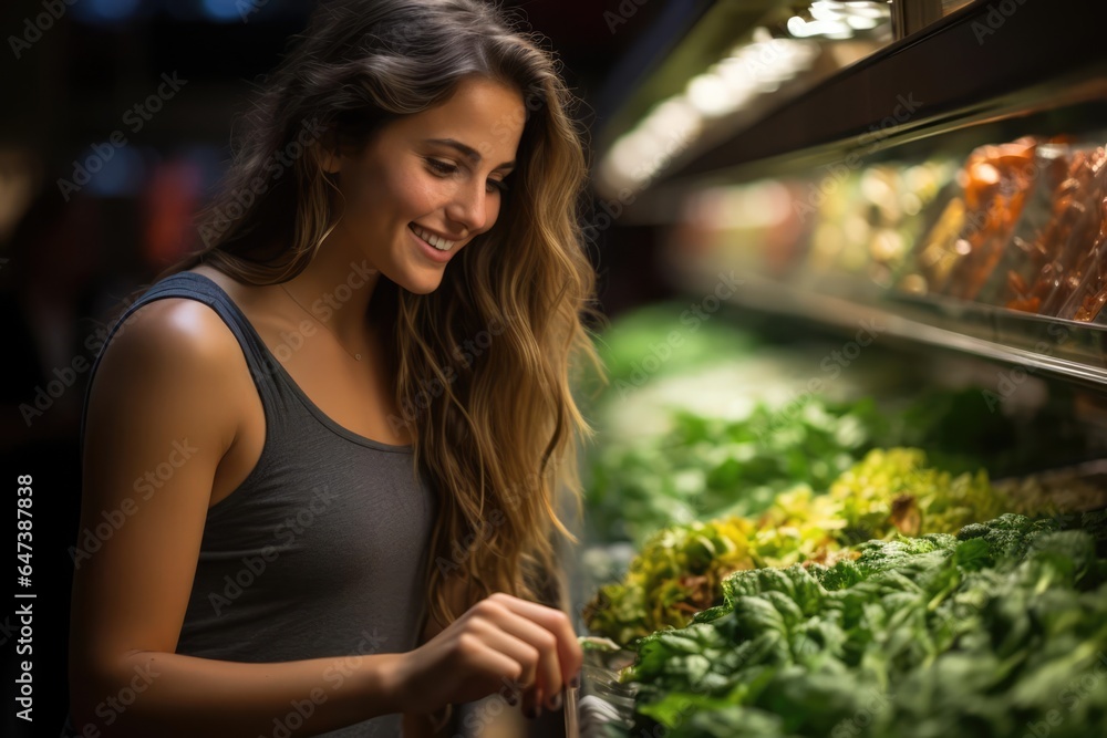 detailed image of a woman carefully selecting fresh produce in a brightly lit supermarket