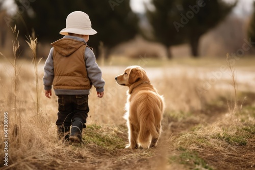 Golden retriever pup and a toddler exploring the outdoors together © Fred