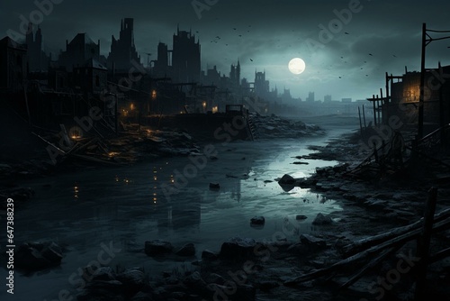Desolate city remains beneath moonlit floodwaters. Generative AI