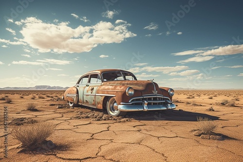 Image of classic car in dry desert. Generative AI © Amaryllis