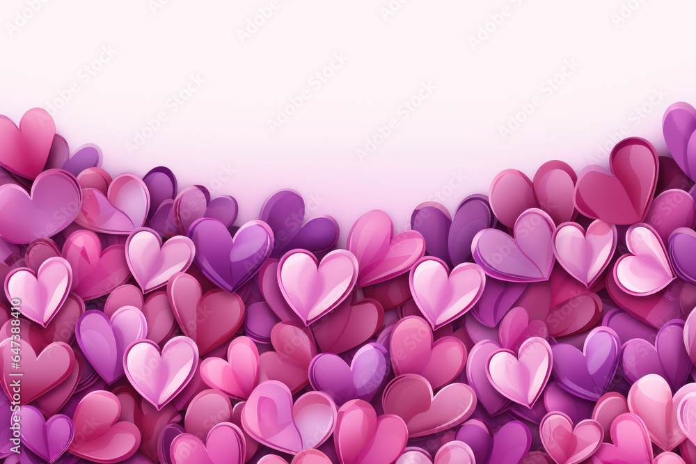 Lilac and pink hearts in flat style on a white background, Valentine's card
