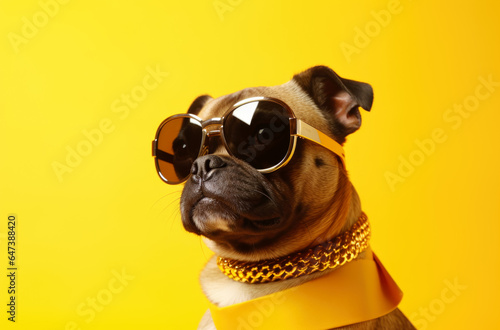 Portrait of a funny dog wearing glasses and a gold chain. Small smiling dog on a bright trendy yellow background. AI generated