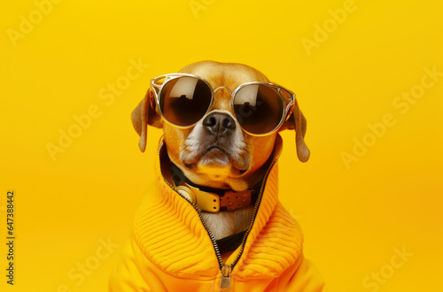 Portrait of a funny dog wearing glasses and a gold chain. Small smiling dog on a bright trendy yellow background. AI generated © Елена Тиханович