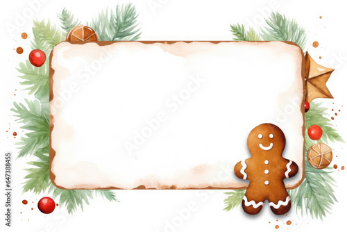 Watercolor Christmas frame with white background and copy space. Green branches, gingerbread cookies and red berries. Holiday postcard. photo