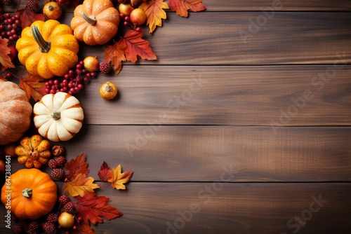 Autumn-themed wallpaper featuring pumpkins, fall leaves, and berries on a wooden tabletop. Ideal for Thanksgiving with text space. Generative AI