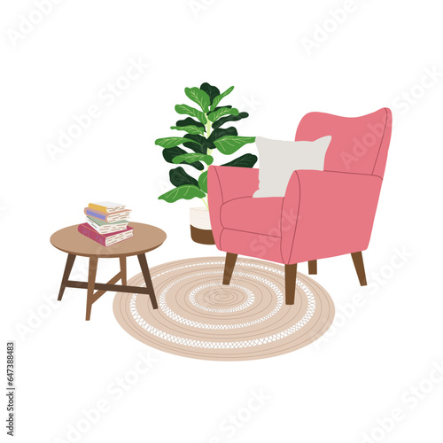 Living room. Home comfort. Cozy interior with armchair with cushion, indoor plant, coffee table with books, carpet. Scandinavian hygge style. Isolated vector illustration