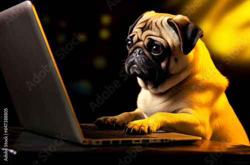 Portrait of a happy pug office worker dog wearing a sweater. The dog looks at the laptop. Computer protection concept. AI generated