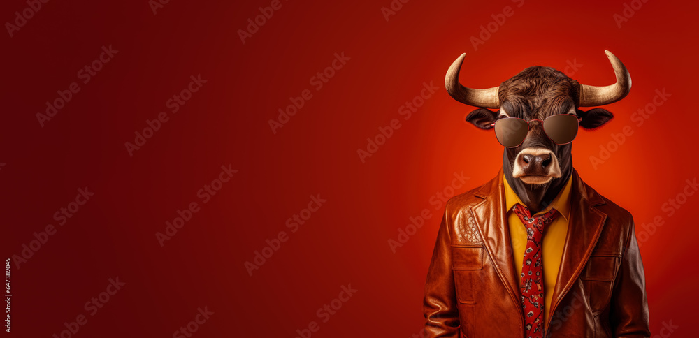 Cool looking bull with horns wearing funky fashion dress - leather jacket, tie, glasses. Wide banner with space for text left side. Stylish animal posing as supermodel. Generative AI Cool looking bull with horns wearing funky fashion dress - leather jacket, tie, glasses. Wide banner with space for text left side. Stylish animal posing as supermodel. Generative AI