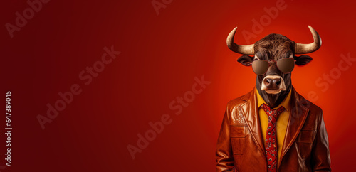 Cool looking bull with horns wearing funky fashion dress - leather jacket, tie, glasses. Wide banner with space for text left side. Stylish animal posing as supermodel. Generative AI