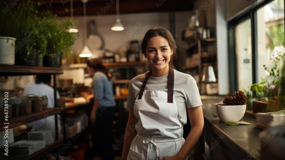 Smiling female chef wearing an apron. Smiling female chef wearing an apron.