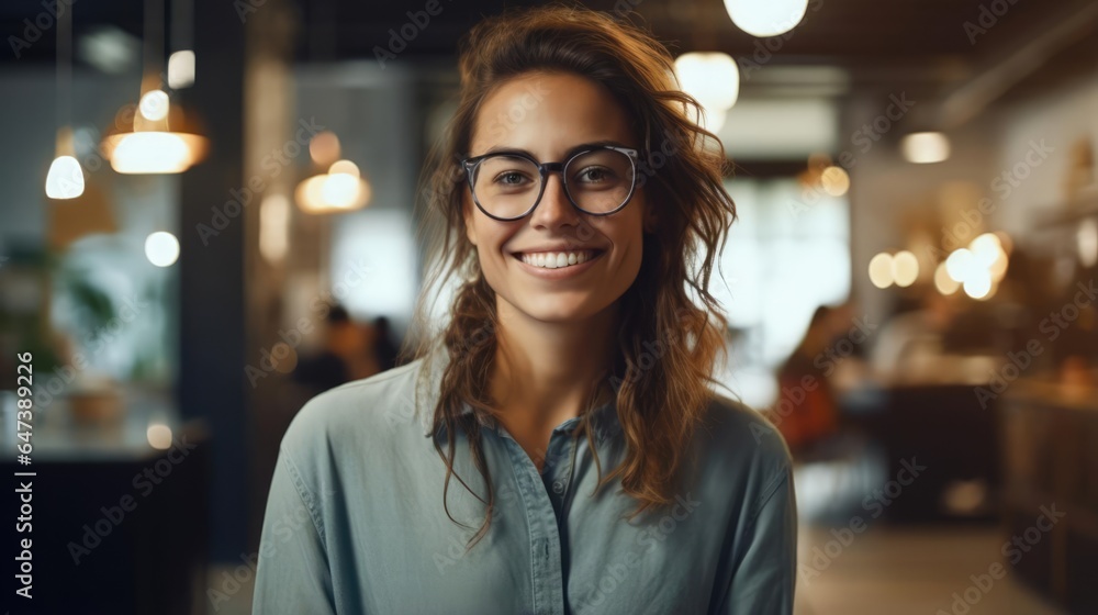 Smiling female designer wearing glasses.