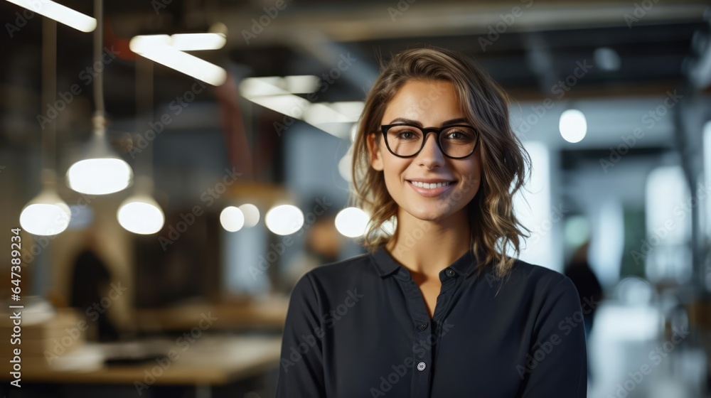Smiling female designer wearing glasses. Smiling female designer wearing glasses.