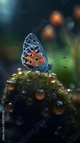 a tiny butterfly walking walking on the moss