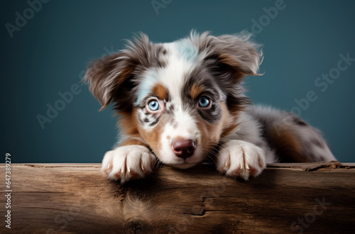 Beautiful Australian Shepherd puppy isolated on a blue background. studio portrait of a dog. front view. dog isolated. Close-up of the dog's face. AI generated