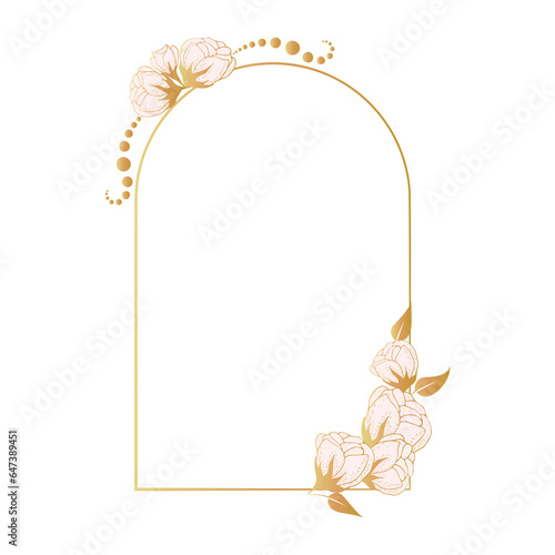 Arch frame with golden roses on a transparent background. Calligraphic ornaments and floral frames flourish. Frame of linear floral logos, frames and frames, backgrounds for social media, greetings, p