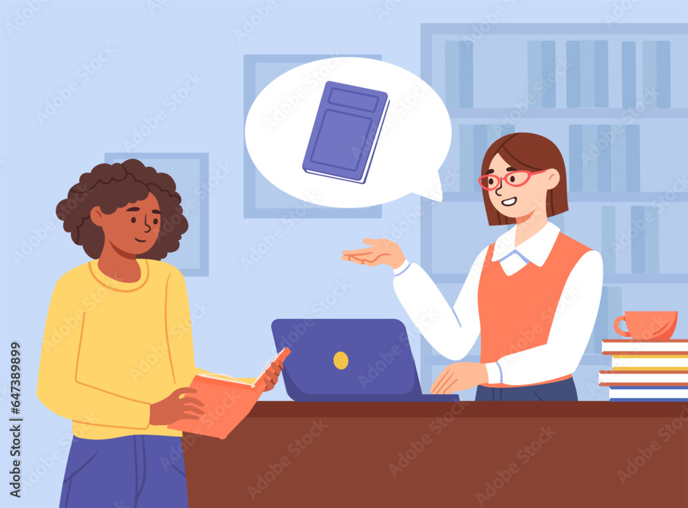 Woman in library concept. Young girl offers books to visitor. Knowledge and information. Education and training. School and university. Fiction and textbook. Cartoon flat vector illustration Woman in library concept. Young girl offers books to visitor. Knowledge and information. Education and training. School and university. Fiction and textbook. Cartoon flat vector illustration