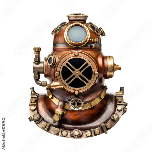 A vintage diving helmet on a clean white background