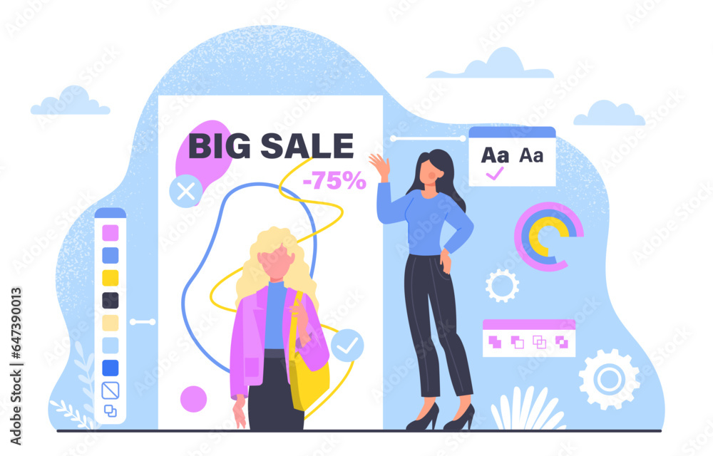 Magazine editor concept. Woman with cover for trendy and fashion magazine. Young girl create adverttising flyer with discounts an sales. Marketer and graphic designer. Cartoon flat vector illustration