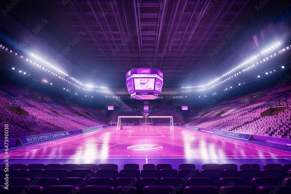 3D render of stunning volleyball arena with purple seats and VIP boxes