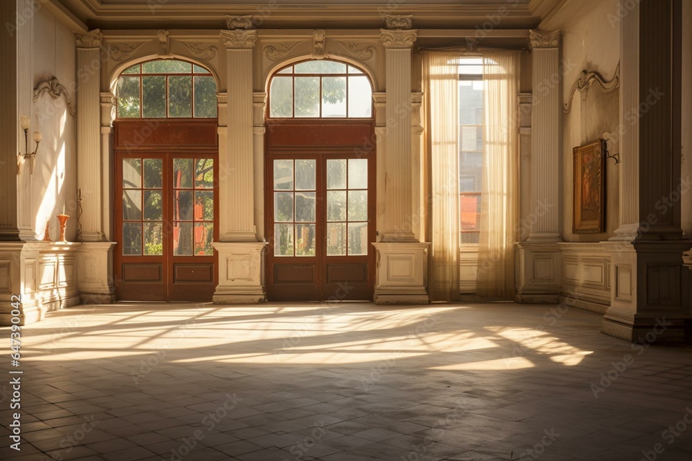 Spacious room with sunlit window, central door, and columns. Generative AI Spacious room with sunlit window, central door, and columns. Generative AI