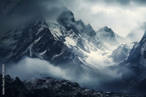 Close-up of snow-capped alpine mountains under dark clouds. Generative AI © Eudora
