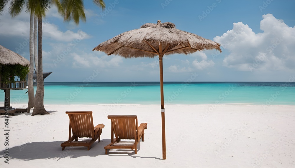 Beach chairs with umbrella and tropical beach with white sand and turquoise water