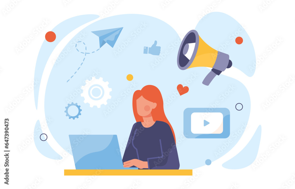 Woman marketer concept. Young girl sitting at laptop with loudspeaker. SMM and SEO specialist at workplace. Promotion in social networks and Internet. Cartoon flat vector illustration